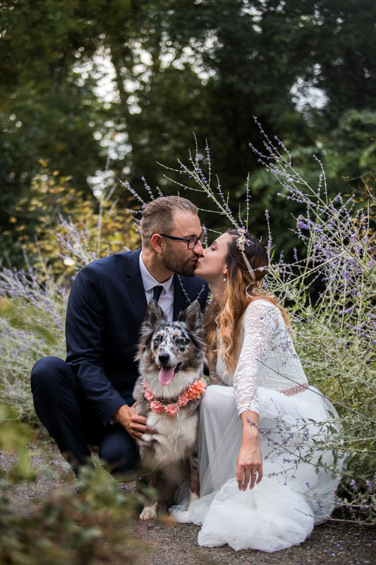 Hochzeitspaar mit ihrem Hund